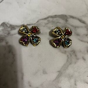 Vintage Gold and Multicolor Floral clip Earrings
